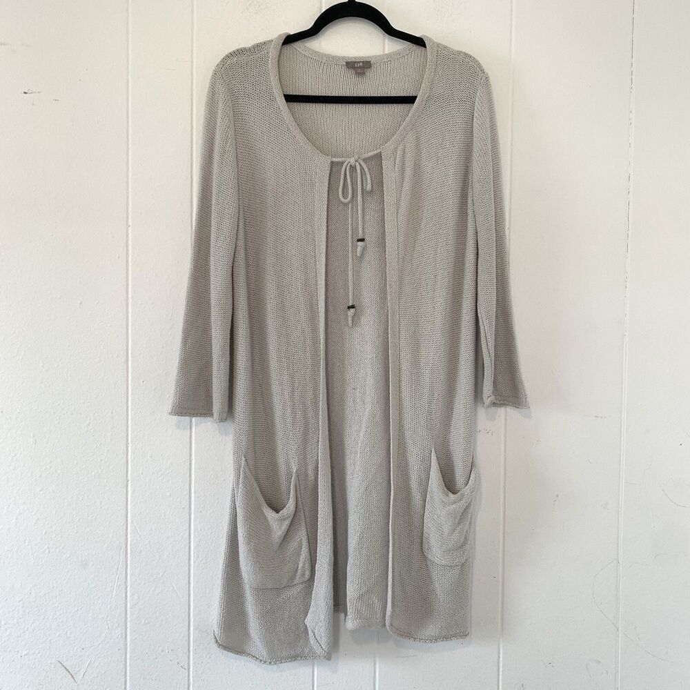 J Jill Womens Small Duster Cardigan Open Tie Front Long Light Grey Pockets Silk